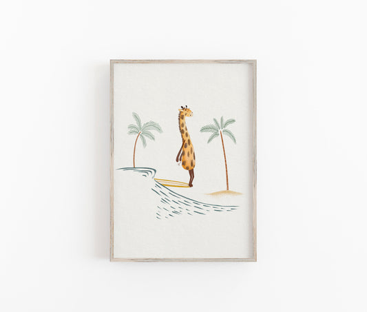 Giraffe surfing art print for children