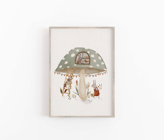 Sage Green Mushroom House Print, Whimsical Nursery Art