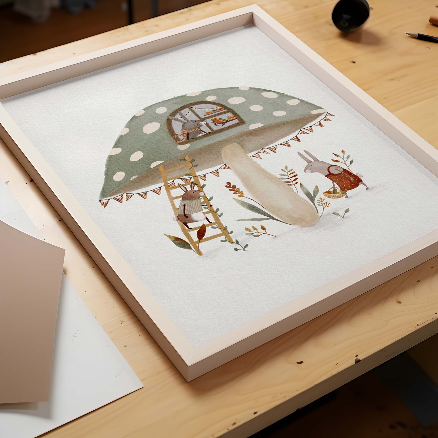 Sage Green Mushroom House Print, Whimsical Nursery Art