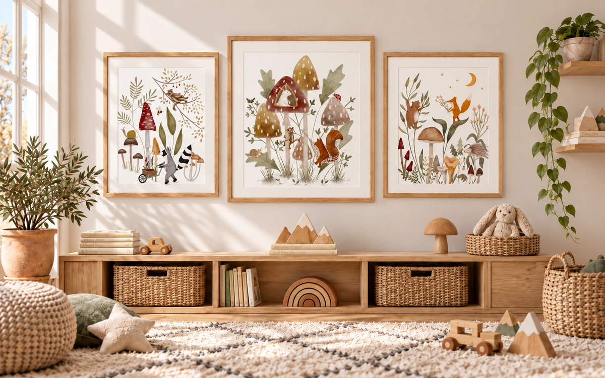Mushroom themed children's playroom with three framed Urchin Bay watercolor prints featuring a raccoon with a wheelbarrow, a rabbit in a mushroom house, and a fox and bear among woodland flowers and toadstools.