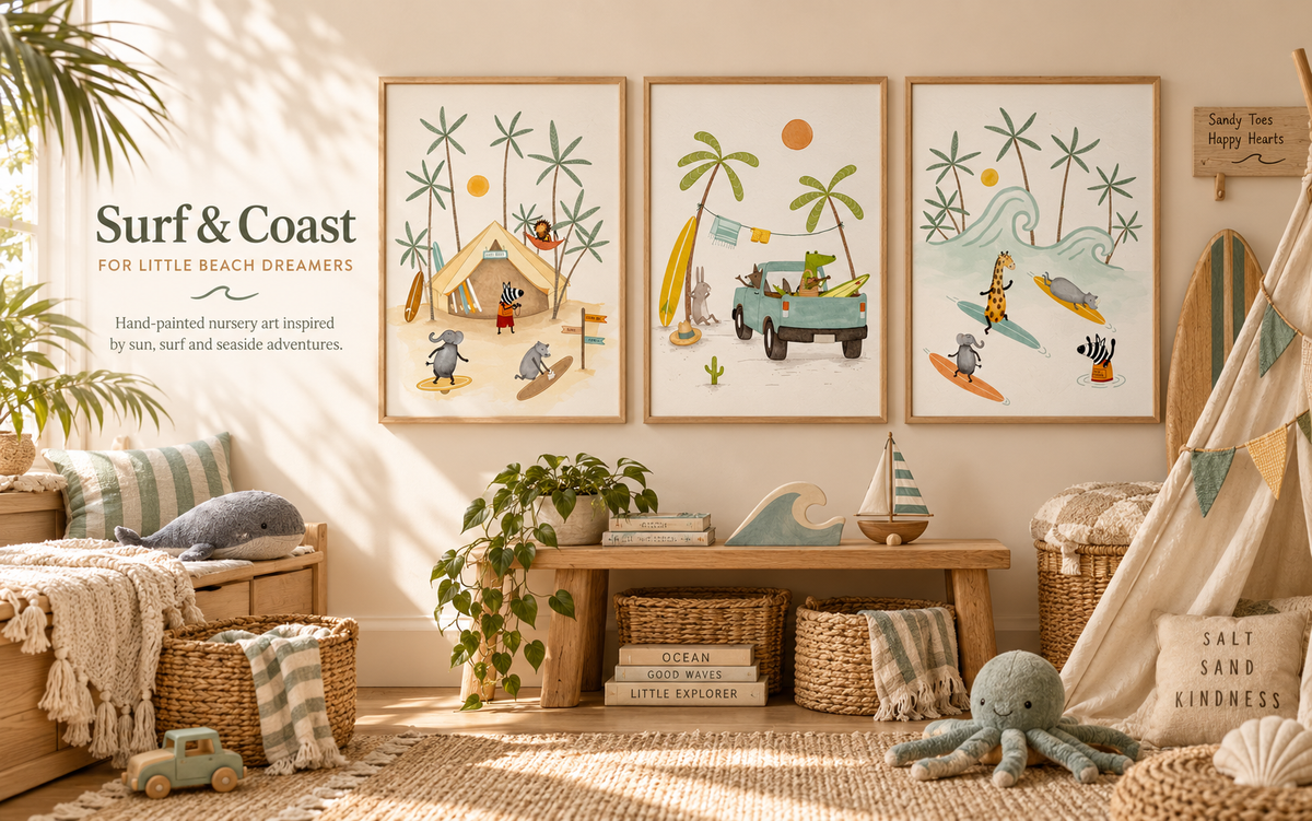 Coastal childrens bedroom styled with framed Urchin Bay surf and ocean nursery prints on a pale wall above a wooden bench with a woven basket and potted palm