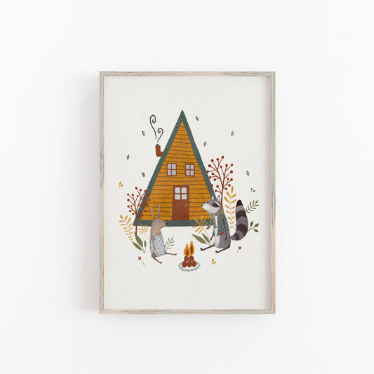 Woodland Cabin Art Print, Animal Illustration For Children