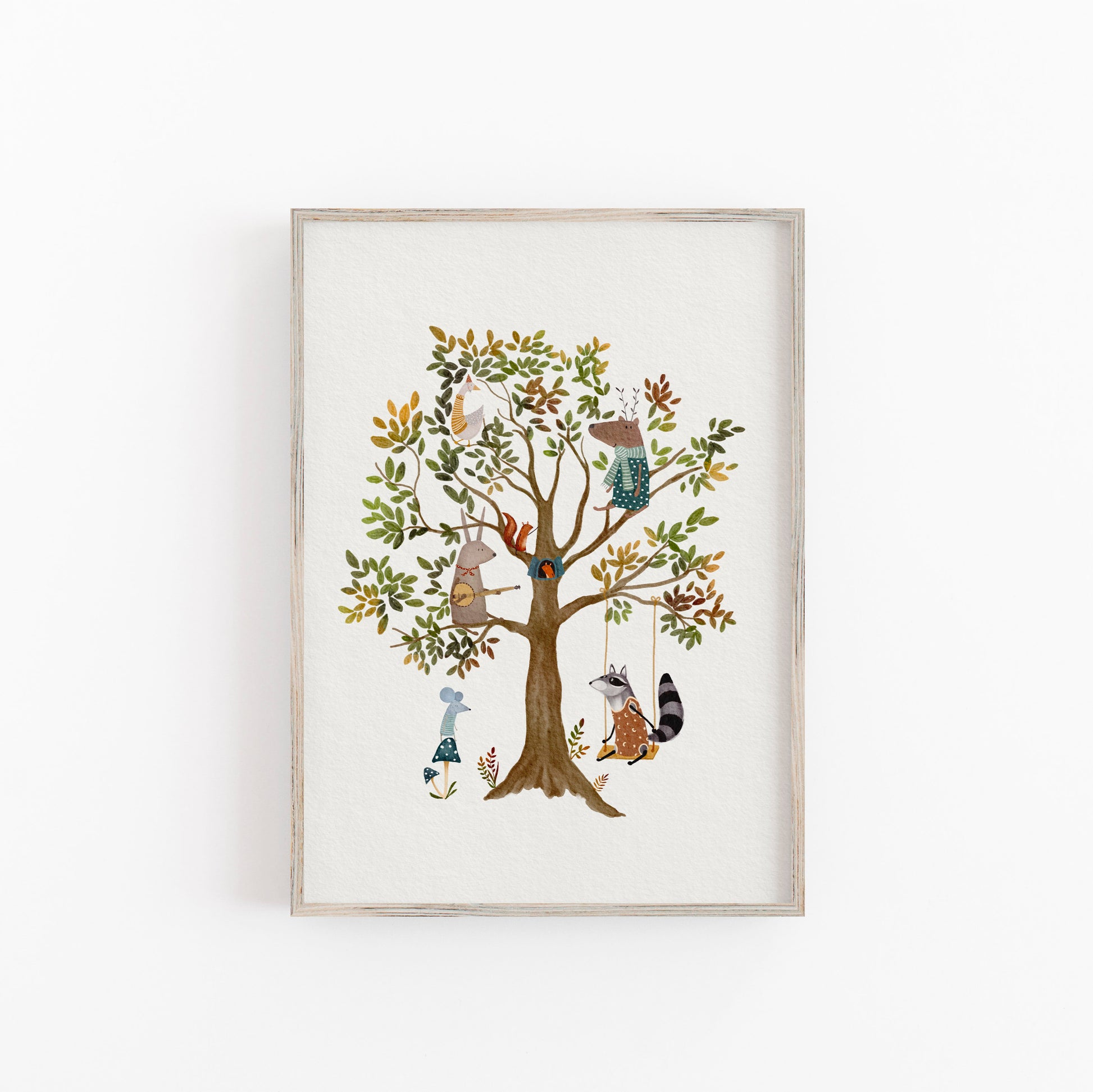 whimsical tree illustration and animals art print