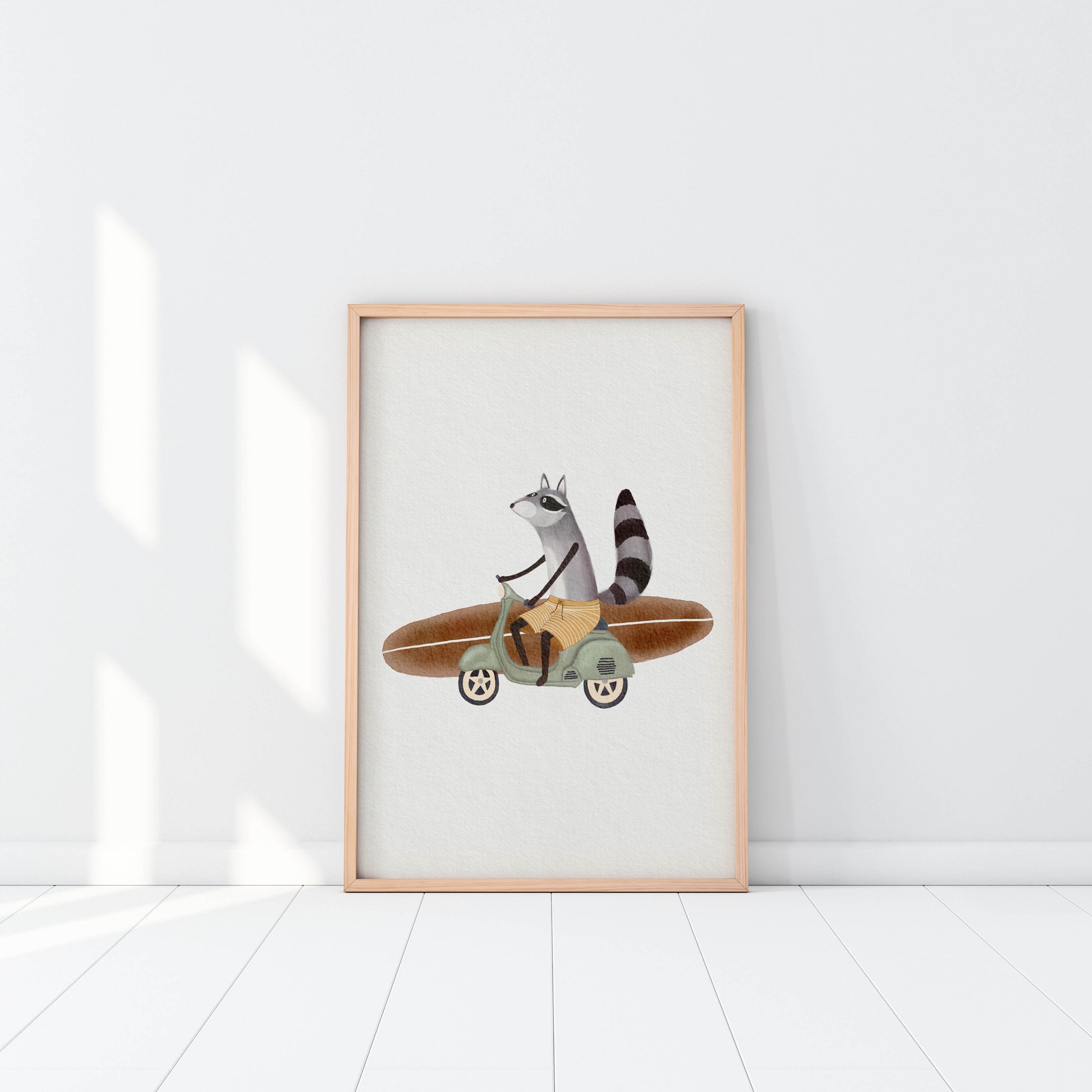 Racoon on a motorbike with surfboard illustration for children's room.