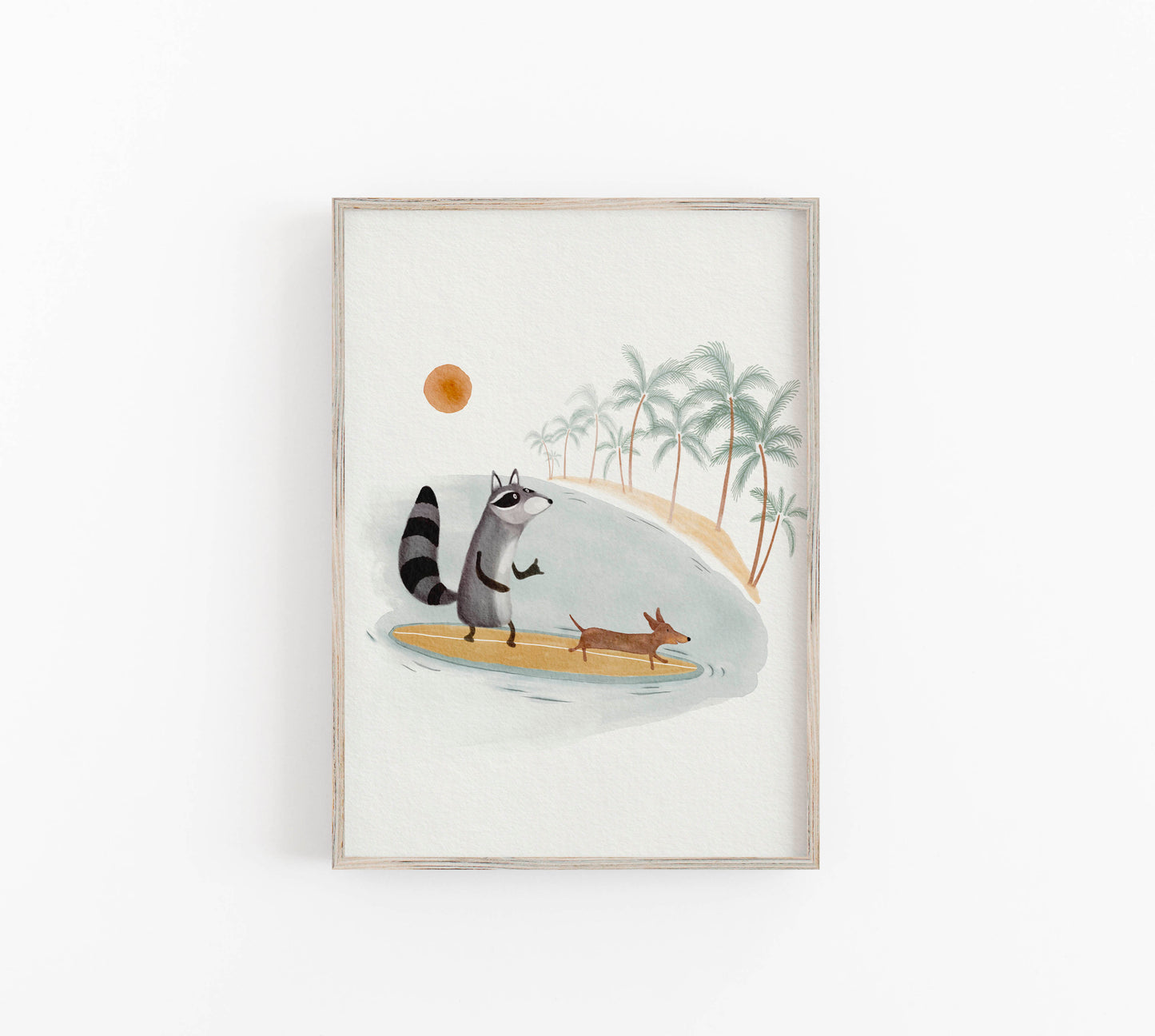 Whimsical animal surfing art print for children