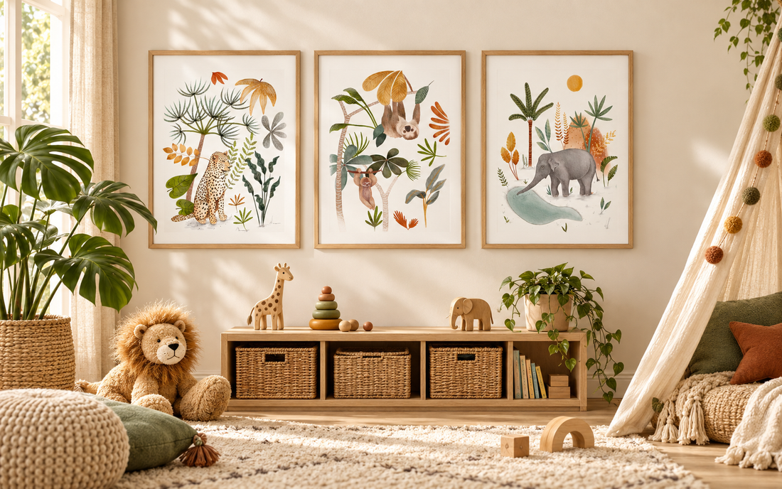 Safari and jungle themed childrens playroom with three framed Urchin Bay animal prints - a leopard, a sloth and an elephant - on a cream wall above an oak toy shelf with woven baskets, a monstera plant, a plush lion and a play teepee