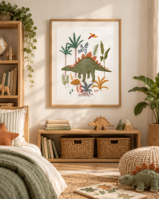 Framed Stegosaurus dinosaur art print displayed above a bench in a boho dinosaur-themed nursery, with toy dinosaurs and mountain decor.