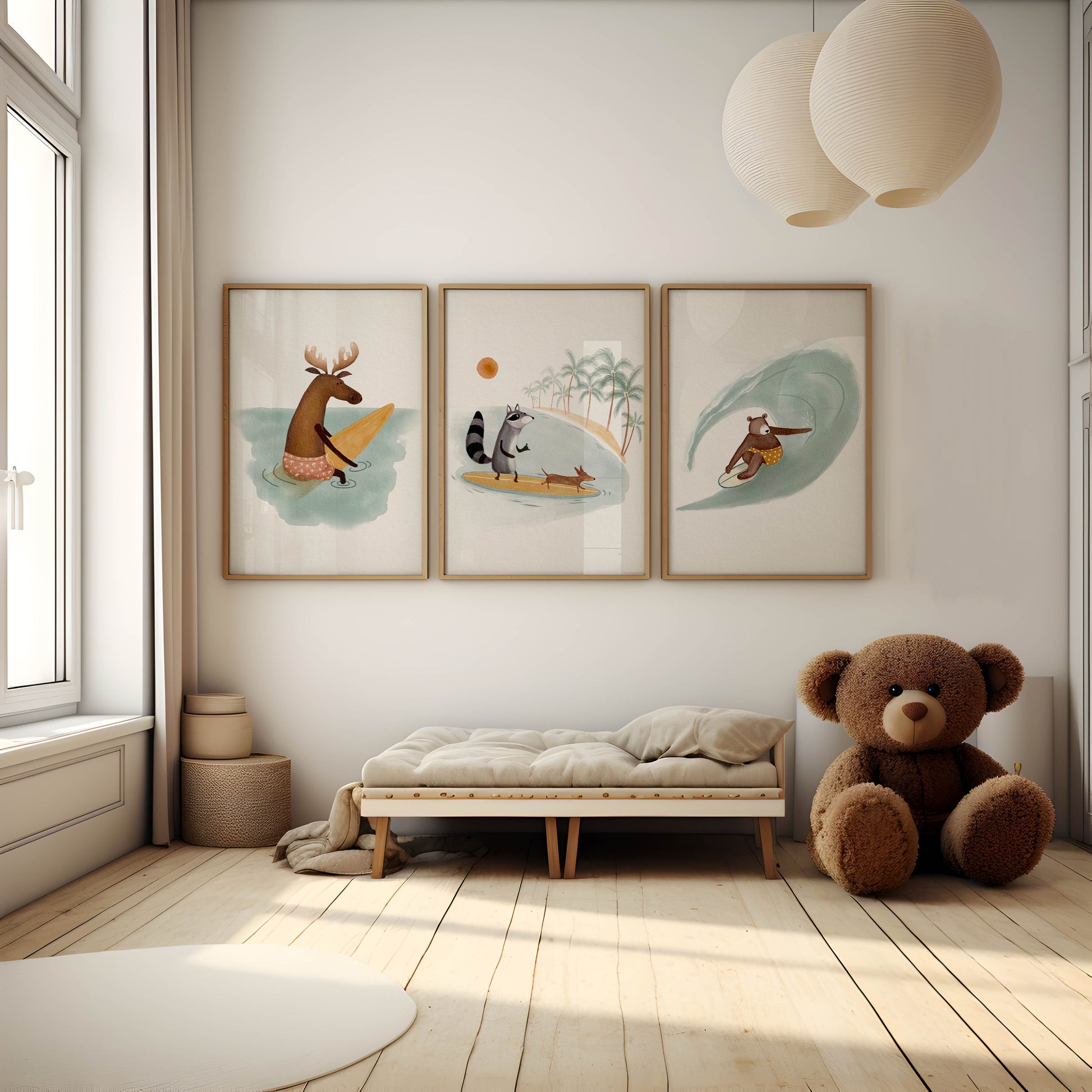 animal surfing art prints for children