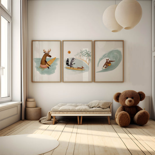 animal surfing art prints for children