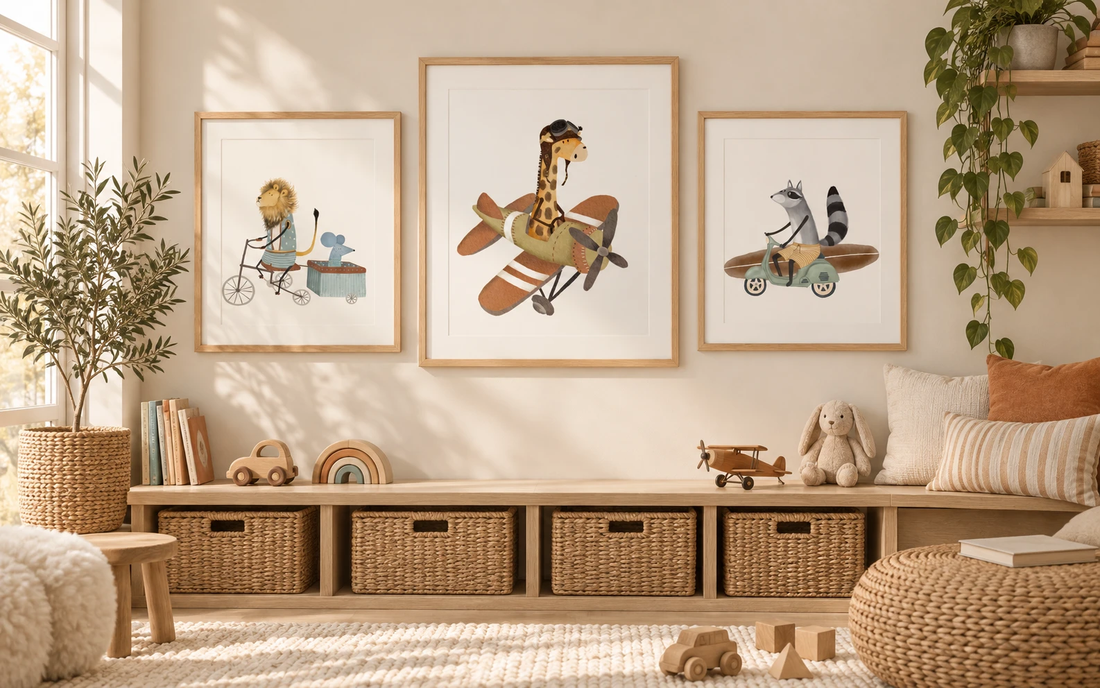 Lion riding a bicycle towing a mouse in a small cart, a giraffe piloting a vintage biplane, and a raccoon riding a scooter with a surfboard, illustrated in a children's playroom wall art set.