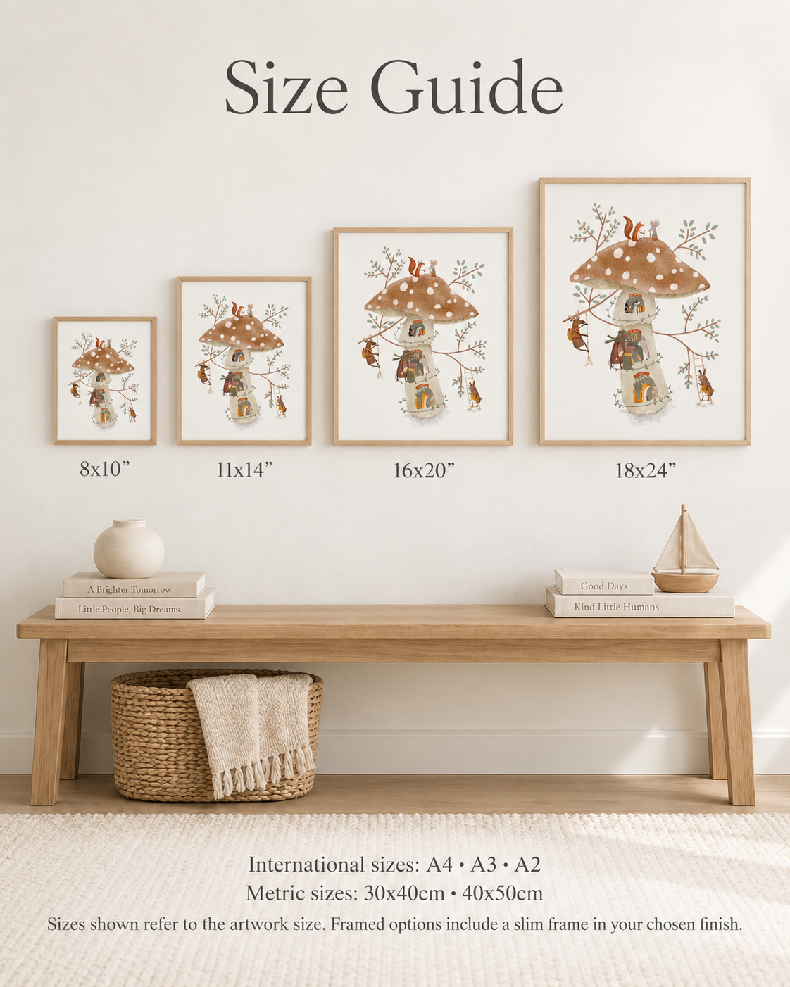 Urchin Bay size guide showing 8x10, 11x14, 16x20 and 18x24 inch print sizes to scale on a wall above an oak bench, with A4, A3, A2, 30x40cm and 40x50cm also available.