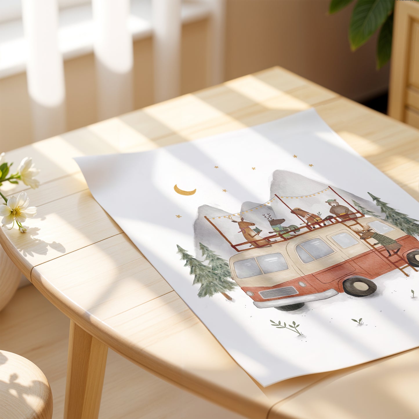 Retro Campervan Animals Art Print