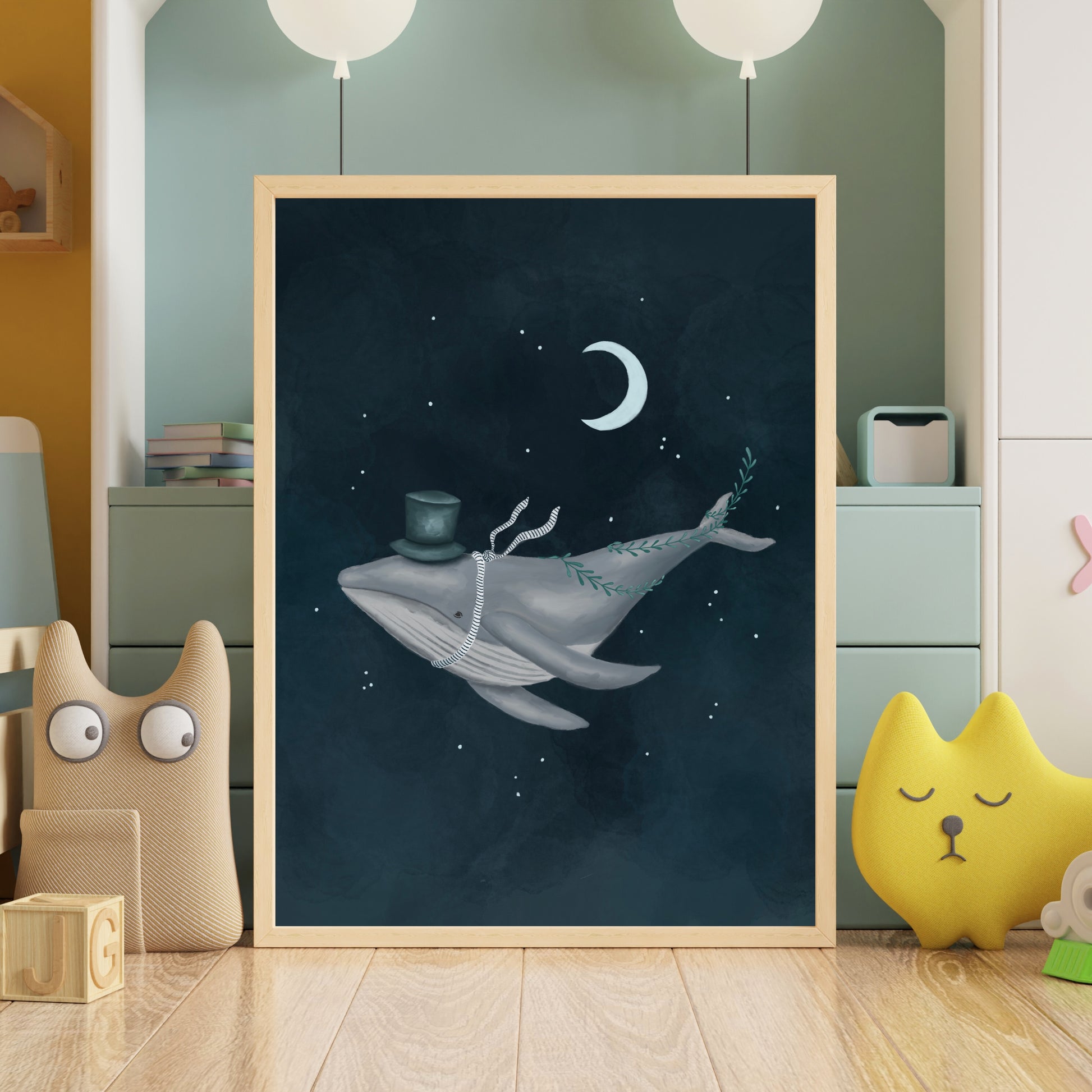 children's whale illustration in a whimsical style