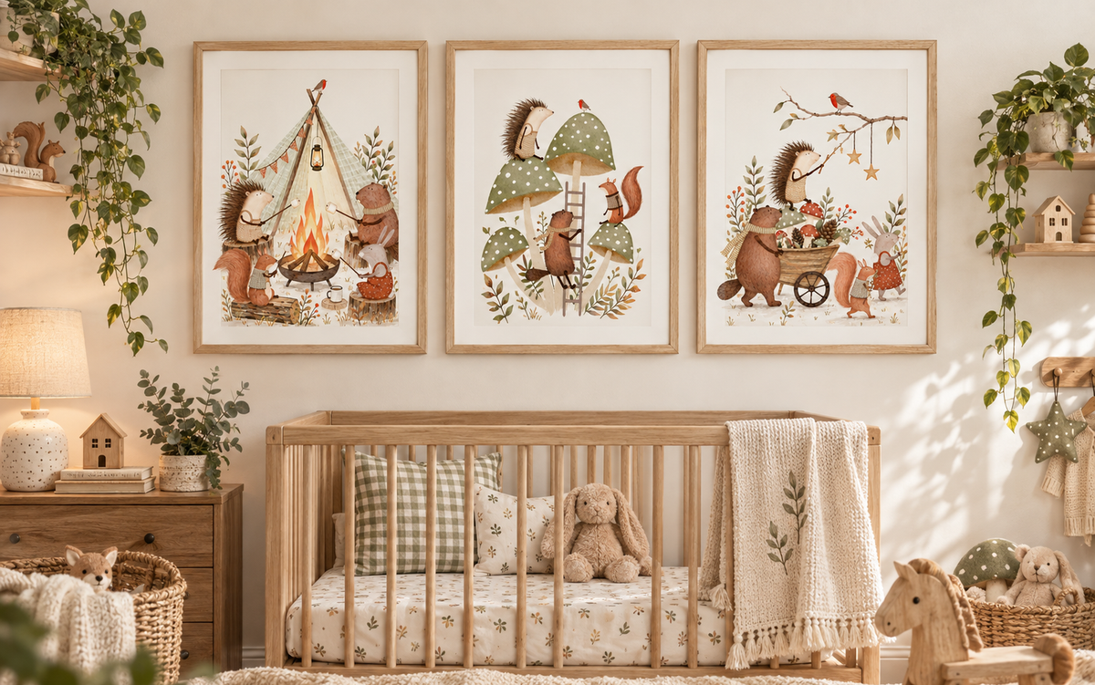 Framed Urchin Bay whimsical nursery wall art featuring three hedgehog, squirrel and rabbit woodland scenes above a wooden cot in a child's bedroom.