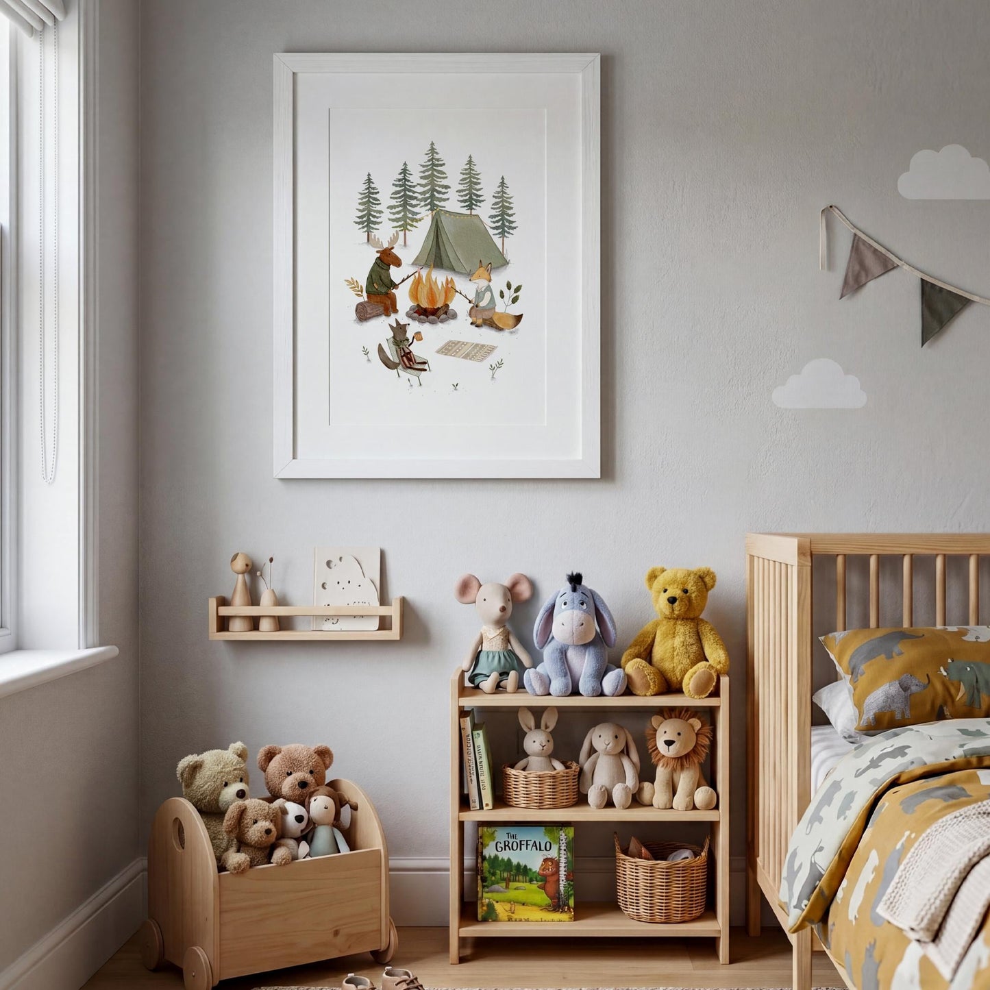 Forest camping picture wall art for children's bedroom — hand-drawn woodland creatures around glowing fire with storybook charm