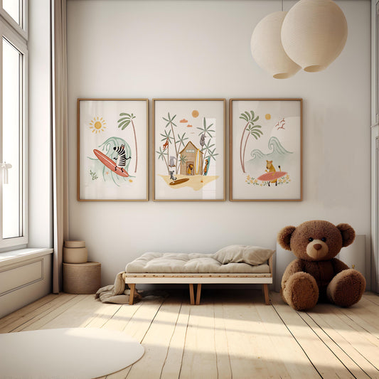 Surf Nursery Wall Art – Tropical Nursery Decor Set of 3 Hand Painted Surf Prints
