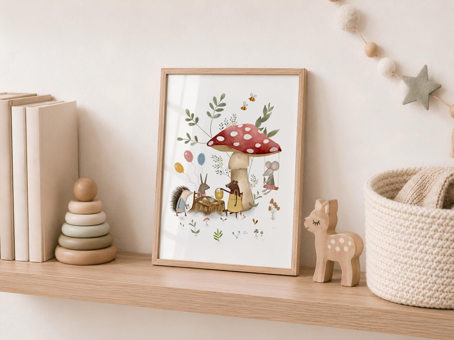 Forest friends gathering artwork for playroom — hand-drawn mushroom celebration with mouse, hedgehog, and nature details