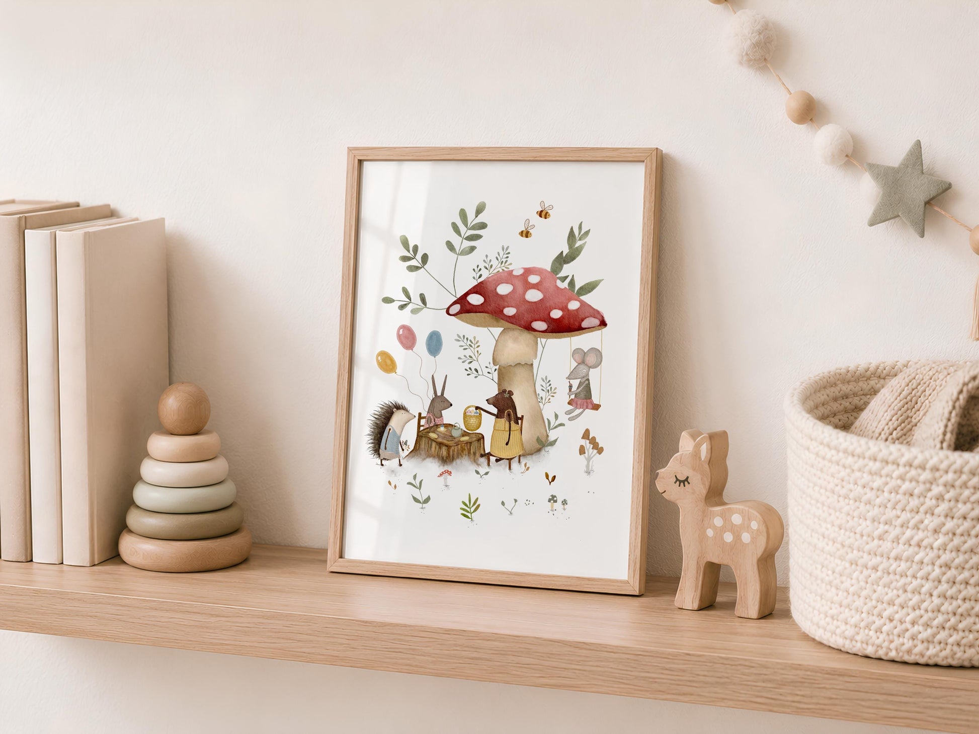 Forest friends gathering artwork for playroom — hand-drawn mushroom celebration with mouse, hedgehog, and nature details