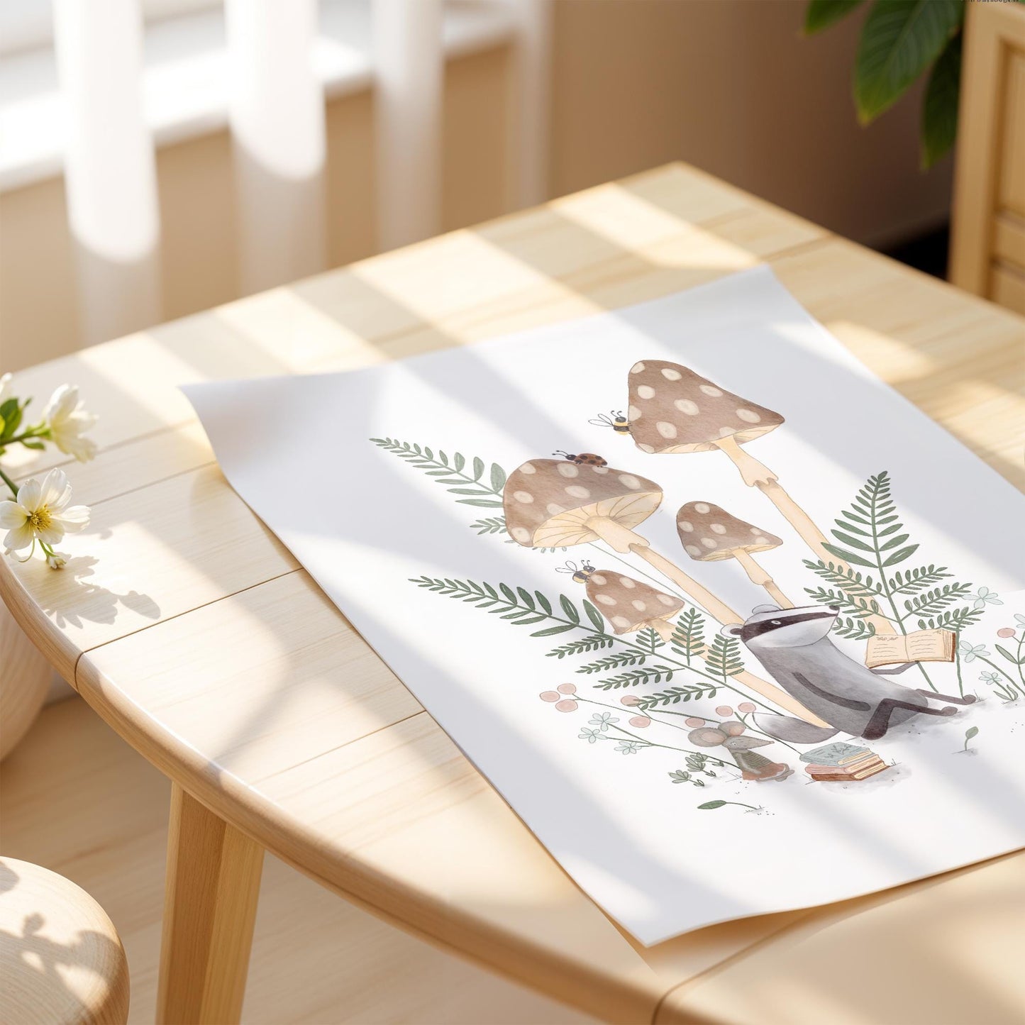 Nursery Art Print – Whimsical Mushroom Art with Cute Badger & Mouse Illustration