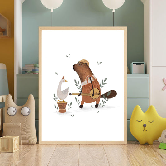Whimsical Kids Wall Art - Beaver and Goose Musical Animal Poster for Nursery