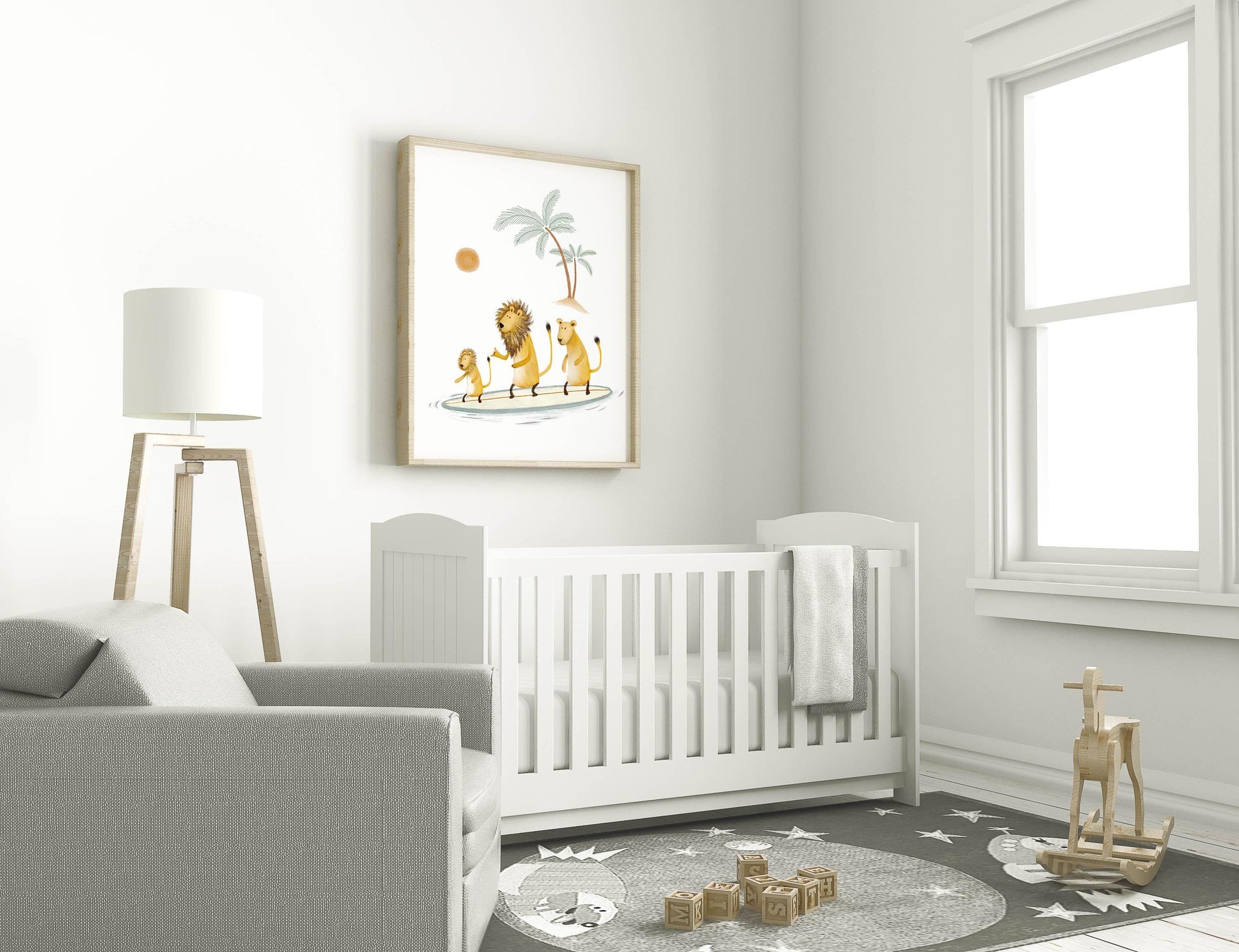 May include: A white crib with a white blanket and a gray rug with black stars. A framed picture of three lions on a surfboard with a palm tree in the background hangs on the wall. A gray couch with a white pillow is in the foreground. A wooden rocking horse is on the rug.