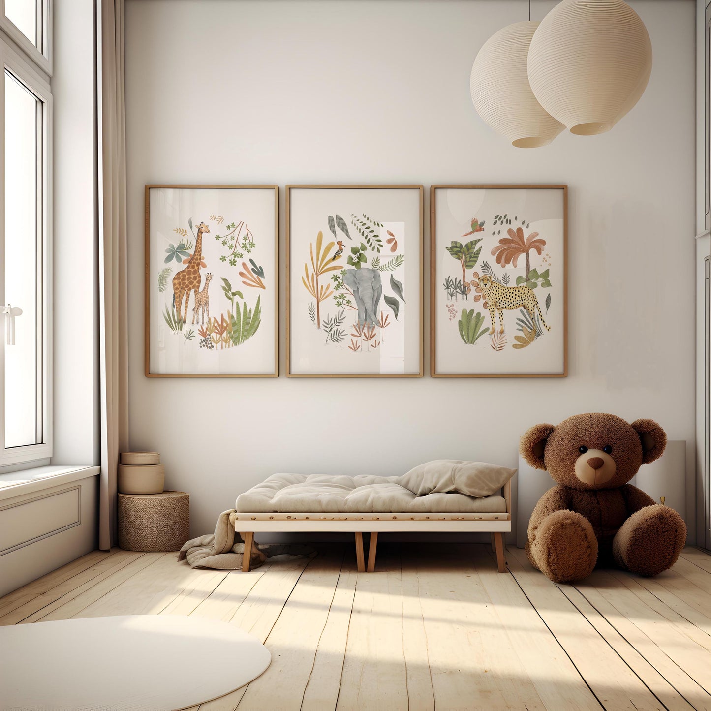 A cozy and inviting child's bedroom with a large teddy bear, a wooden bench, and three framed animal prints on the wall.