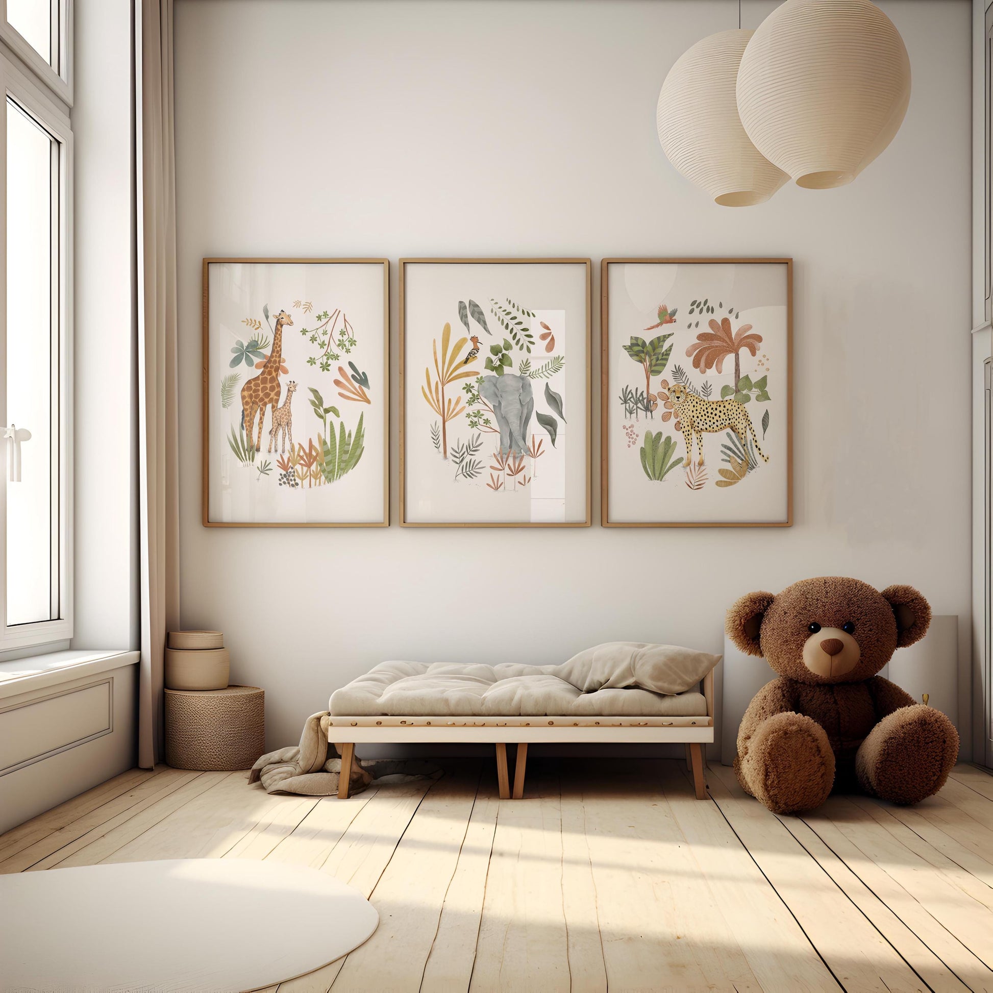 A cozy and inviting child's bedroom with a large teddy bear, a wooden bench, and three framed animal prints on the wall.