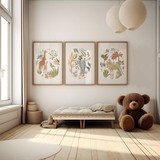 A cozy and inviting child's bedroom with a large teddy bear, a wooden bench, and three framed animal prints on the wall.