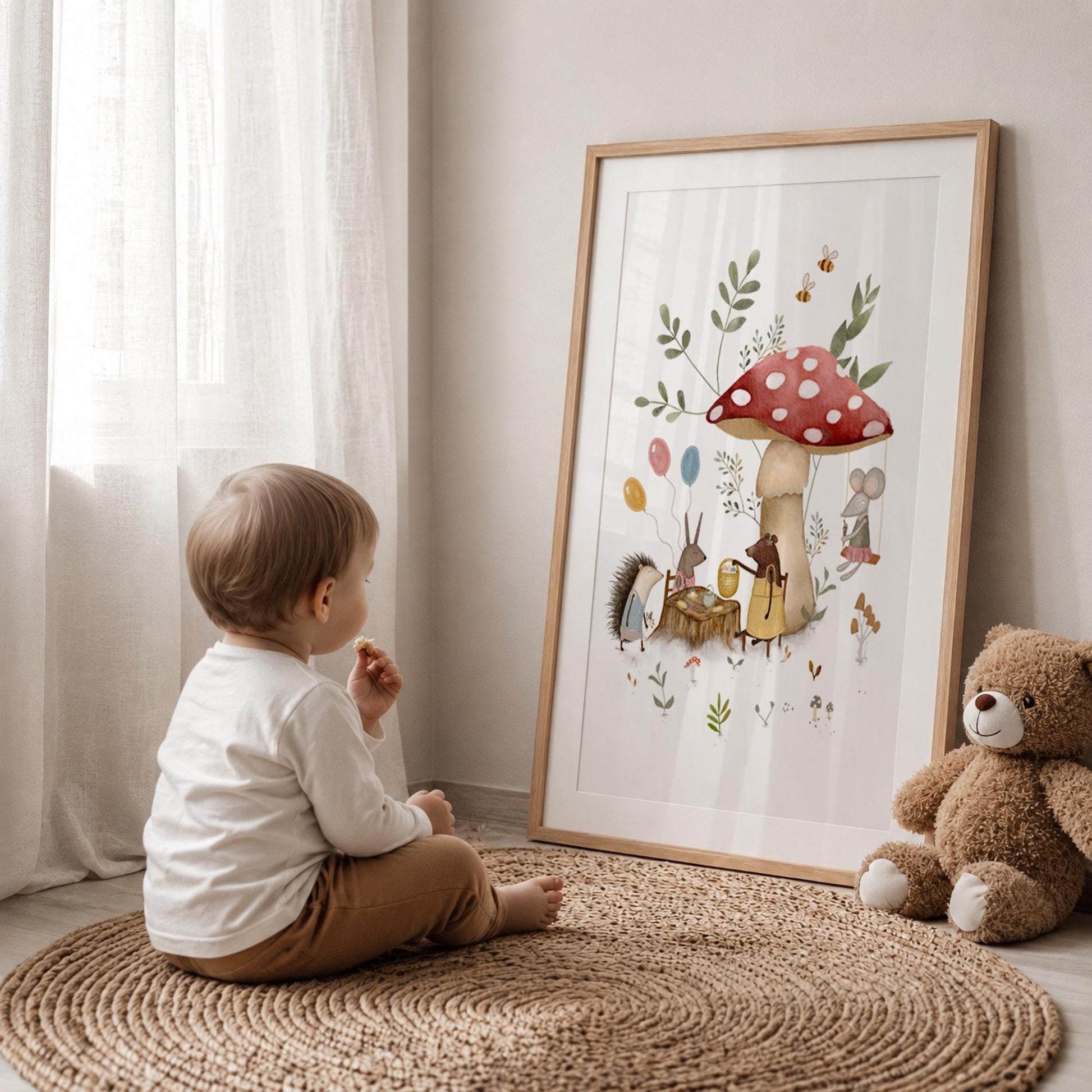 Woodland creatures tea party printable art for nursery — cute toadstool illustration with hedgehog and mouse gathering