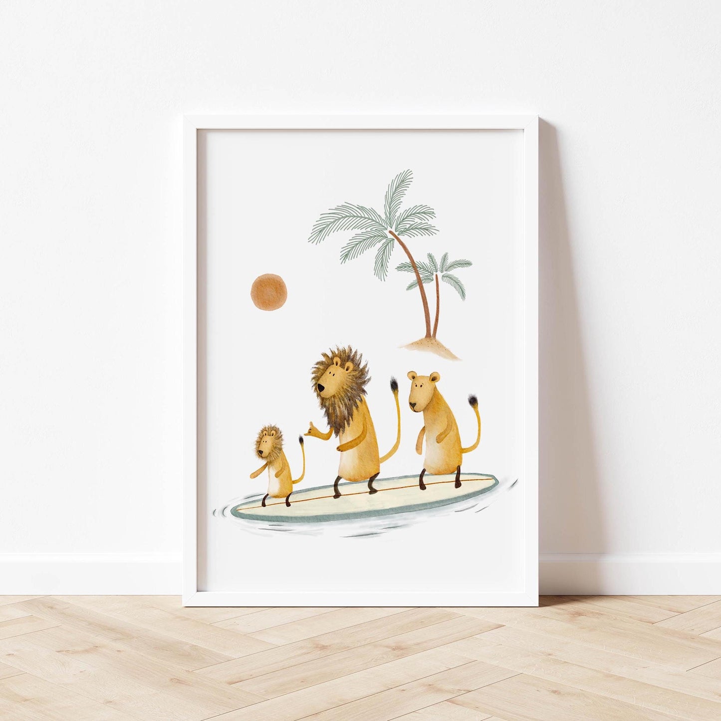 Illustration of three lions surfing on a surfboard in the ocean, with palm trees and a sun in the background.