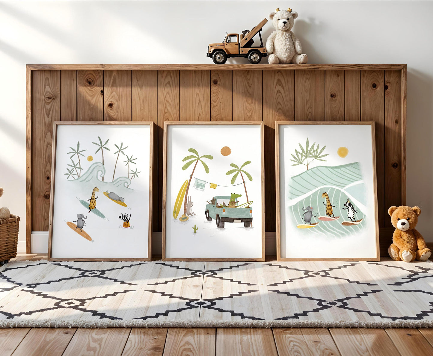 Ocean-inspired gallery set for living room — minimalist surf culture illustrations that evoke a relaxed coastal atmosphere.