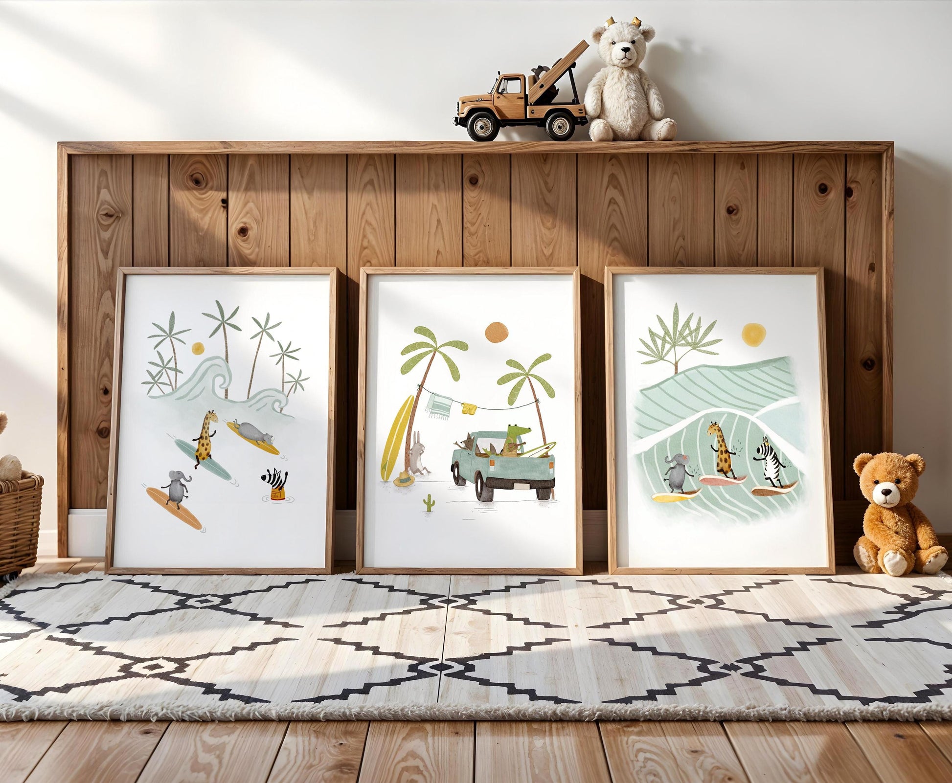 Ocean-inspired gallery set for living room — minimalist surf culture illustrations that evoke a relaxed coastal atmosphere.