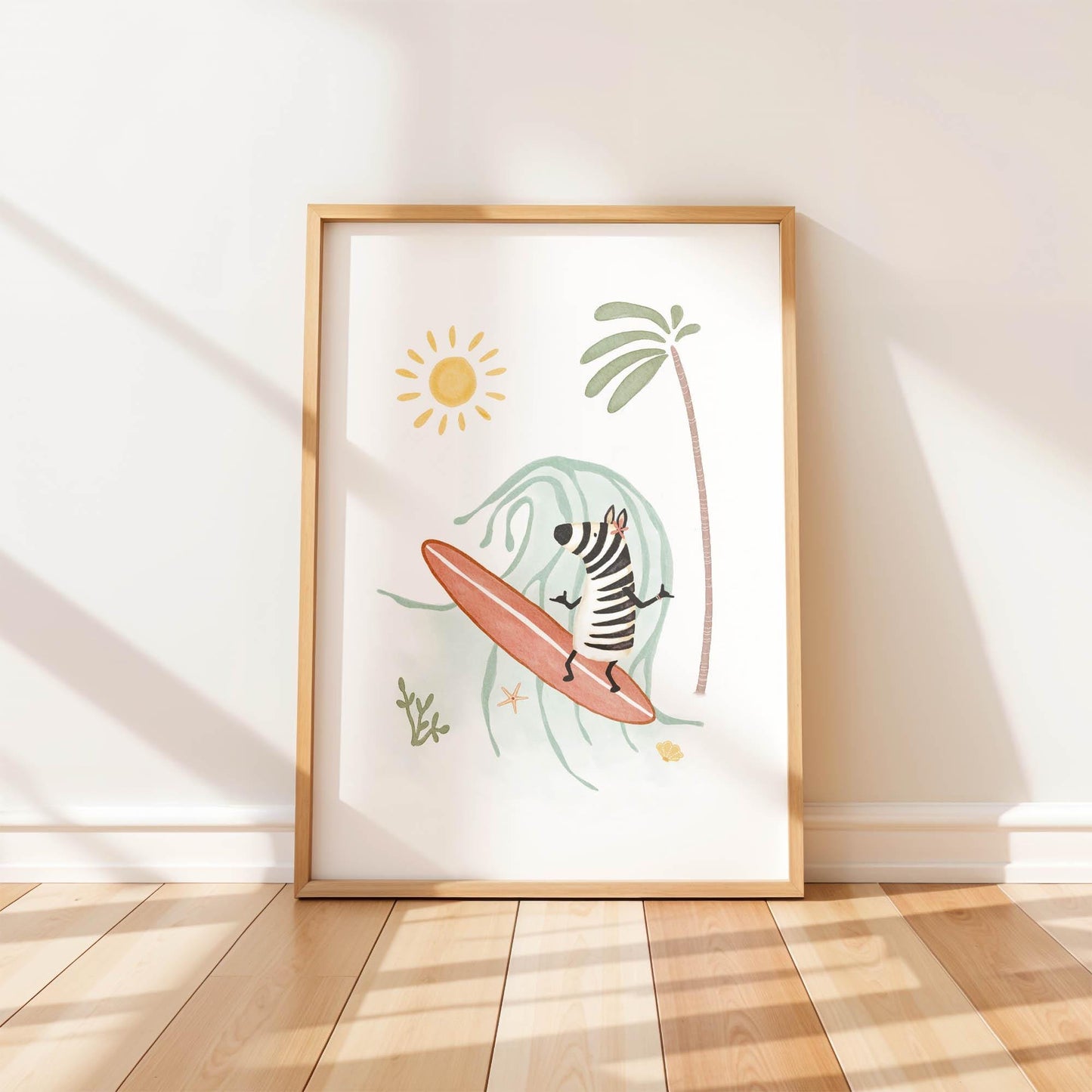 Whimsical nursery art print of a zebra surfing a wave with a sun, palm tree, and ocean-themed elements in the background.