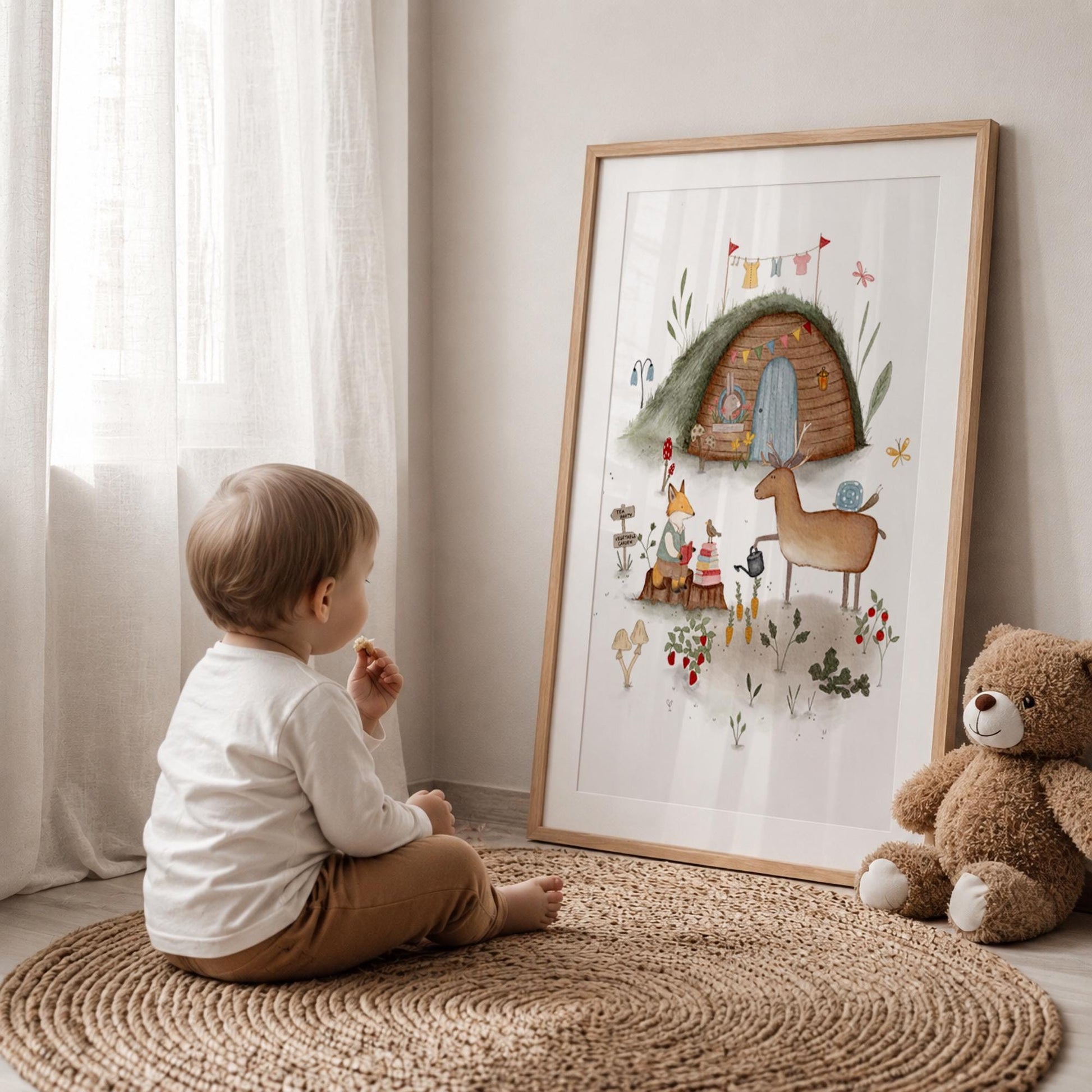 Underground animal dwelling poster for kids room — cozy bunting-decorated scene with mushrooms and forest foliage in gentle muted tones