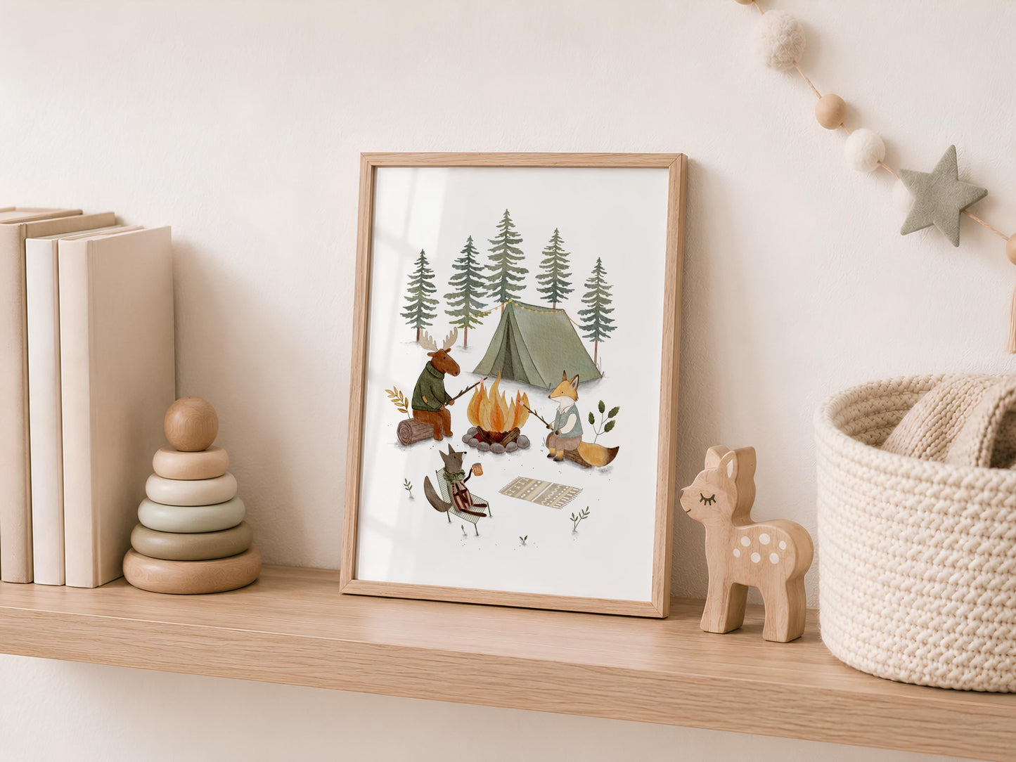 Cute woodland animals campfire poster for nursery — cozy camping scene with moose, fox, and squirrel in warm earthy tones