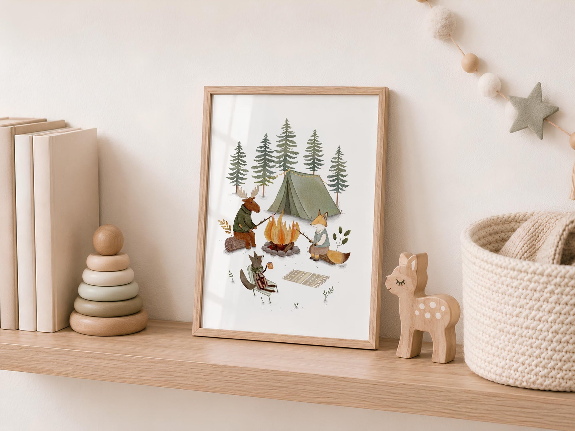 Cute woodland animals campfire poster for nursery — cozy camping scene with moose, fox, and squirrel in warm earthy tones