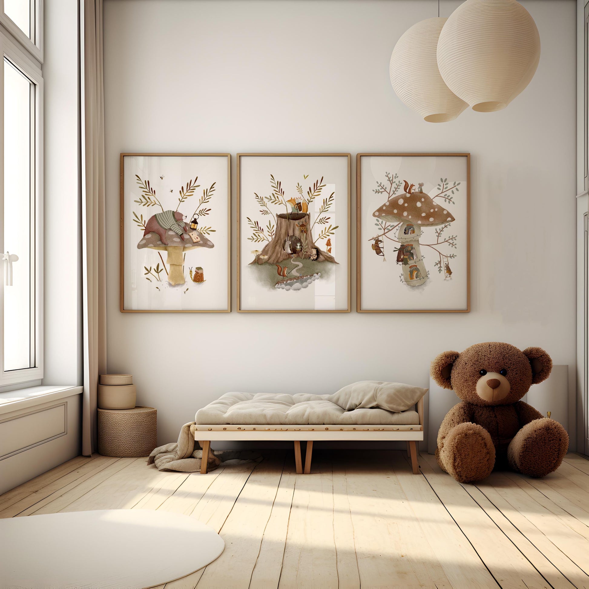 A cozy and whimsical bedroom with a large teddy bear, a wooden bench, and three framed pictures depicting mushrooms and woodland creatures.
