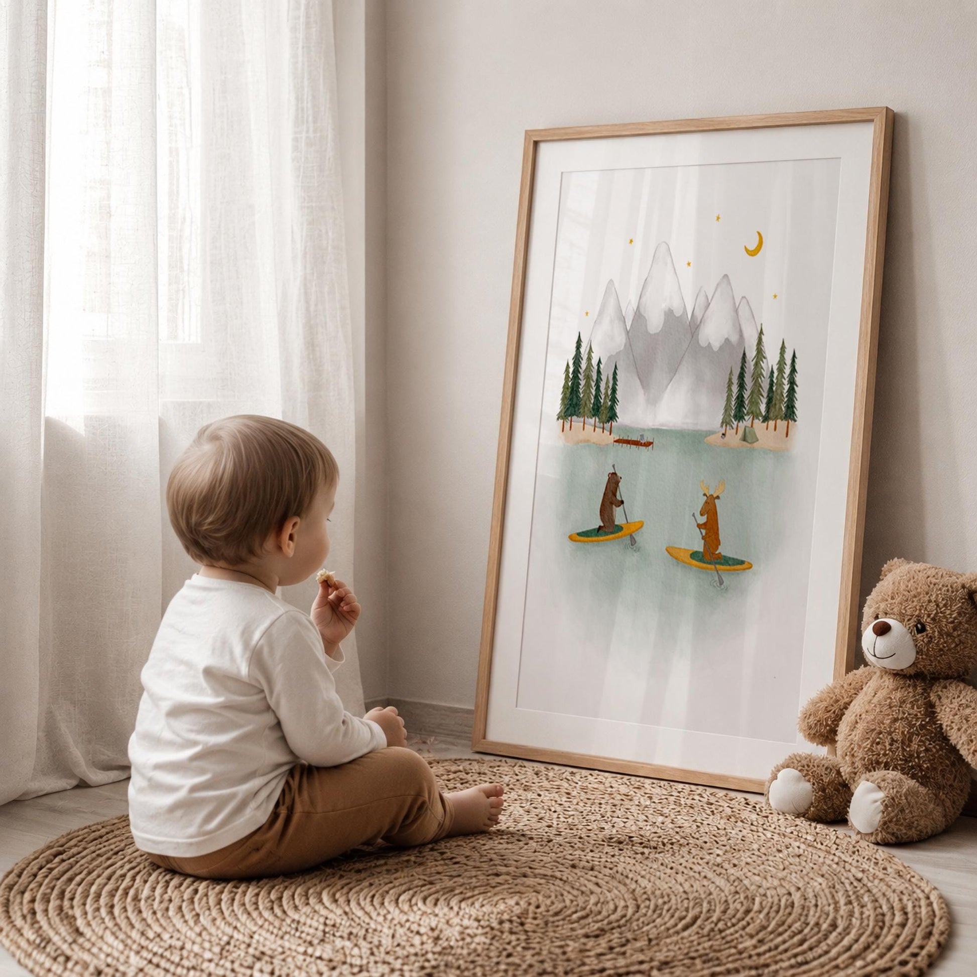 Cute woodland creature rowing boat painting for nursery decor — dreamy outdoor adventure with pink stars and alpine backdrop