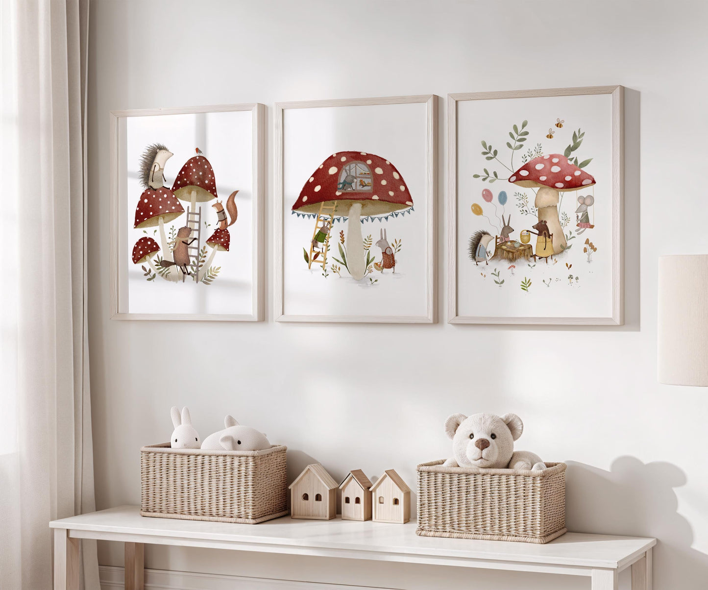 Woodland-inspired picture set for nursery decor — charming prints showcasing red toadstools and adorable creatures in hand-painted style.