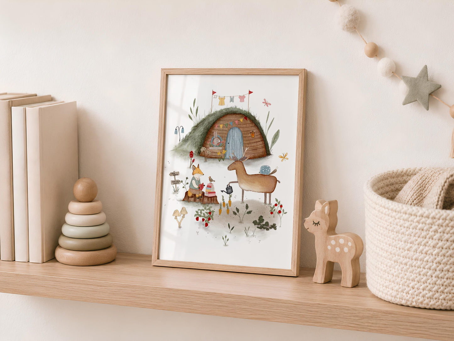 Woodland burrow illustration picture for child's bedroom — adorable animals and nature details in soft pastel aesthetic with white background