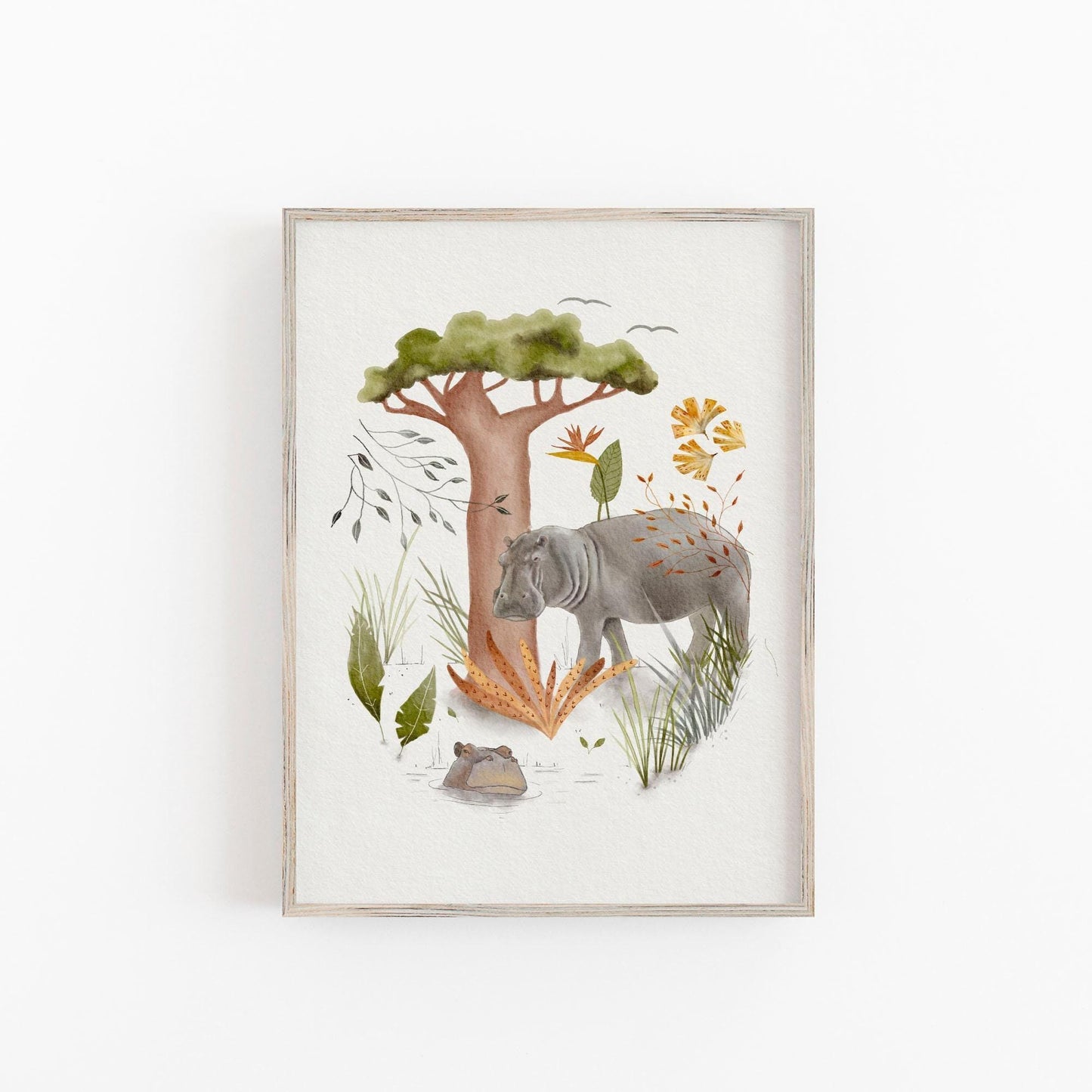 Hippo Nursery Art | Safari Animal Decor - Baby Boy Nursery Artwork, Hand Painted Print