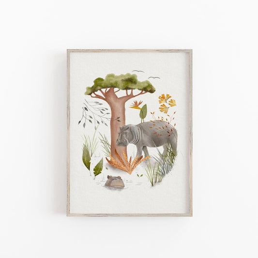 Hippo Nursery Art | Safari Animal Decor - Baby Boy Nursery Artwork, Hand Painted Print