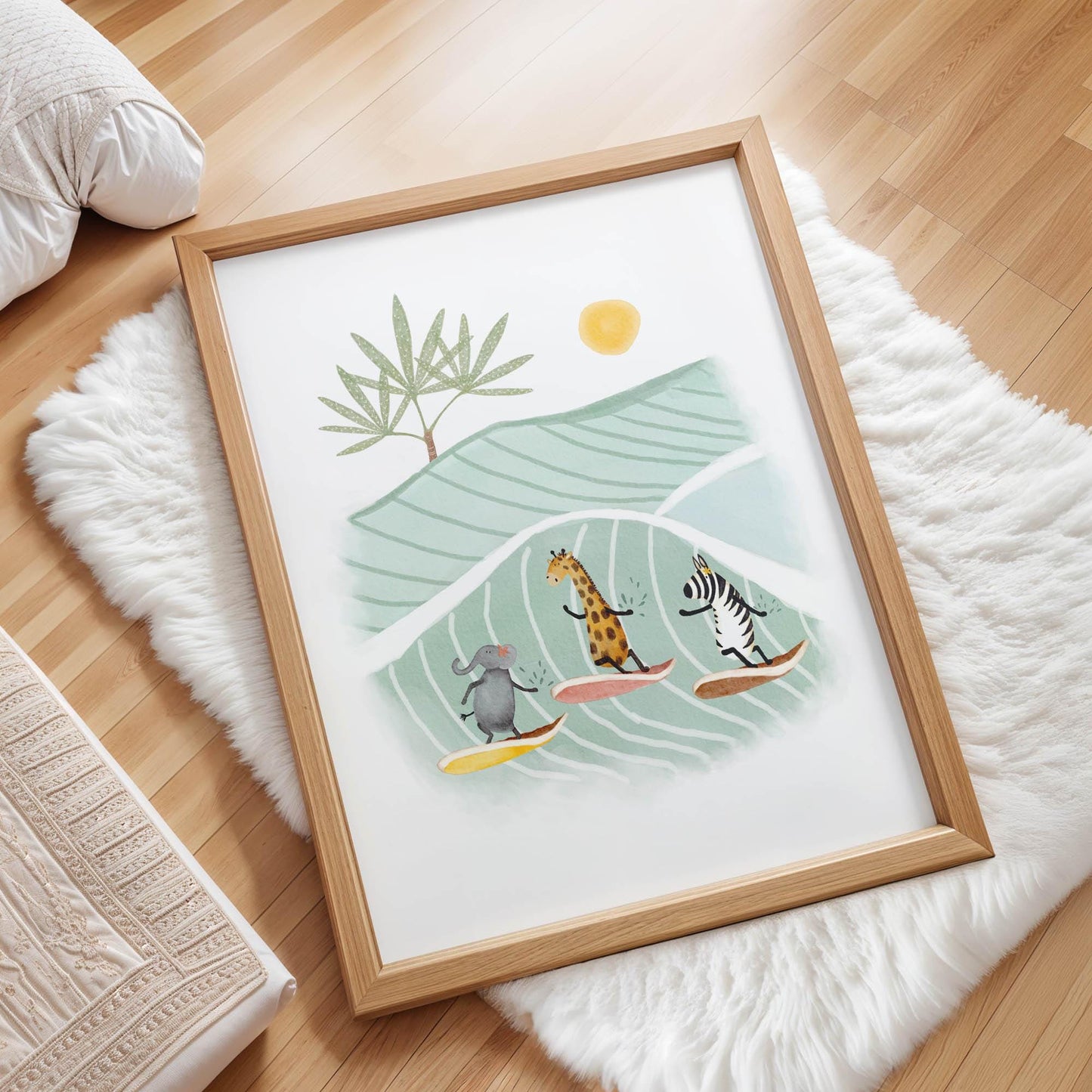 Nursery Surf Art – Safari Surf Crew Print | Vibrant Kids Beach Wall Art