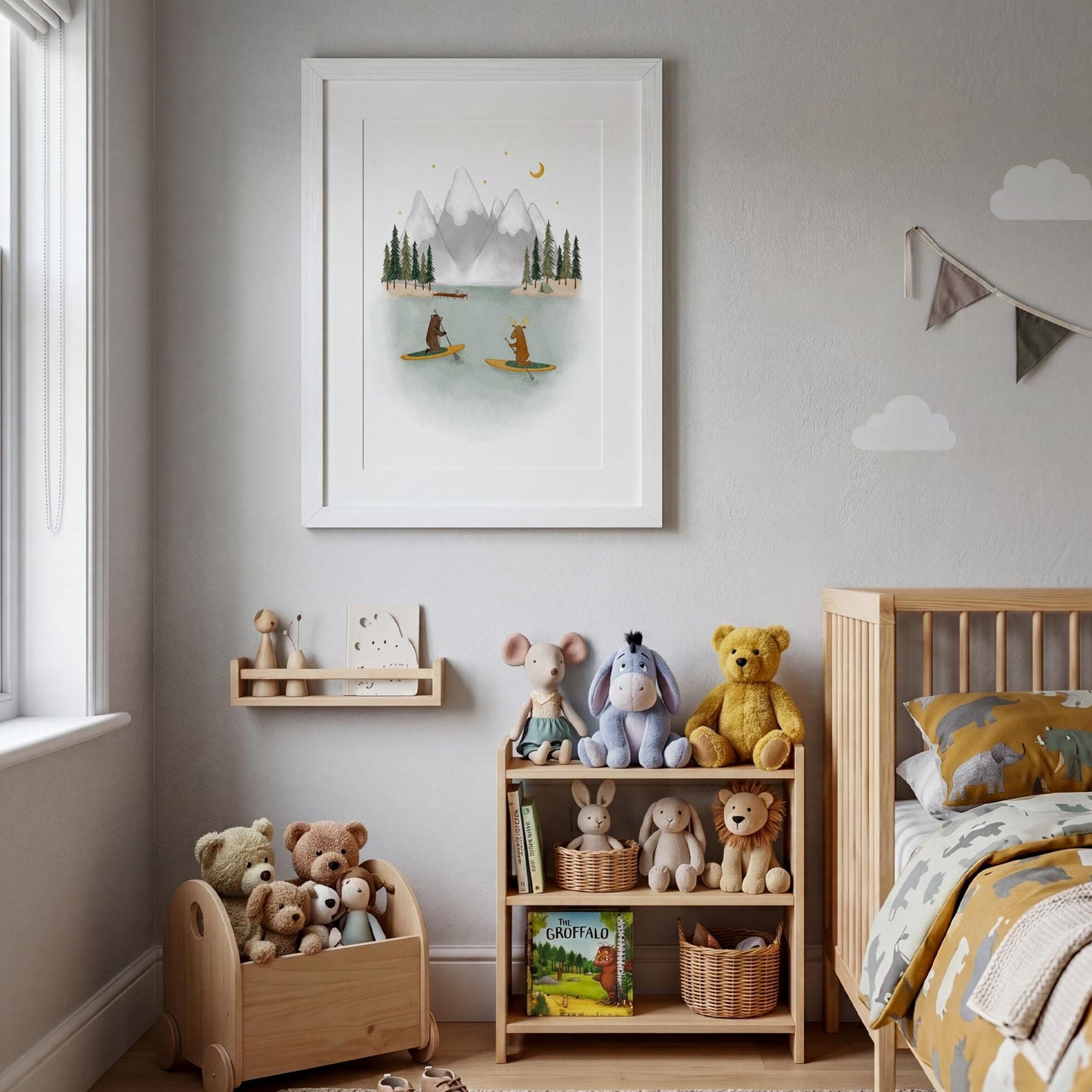 Animal friends paddling poster for children's room — gentle watercolor forest scene with peaceful mountain landscape and sky