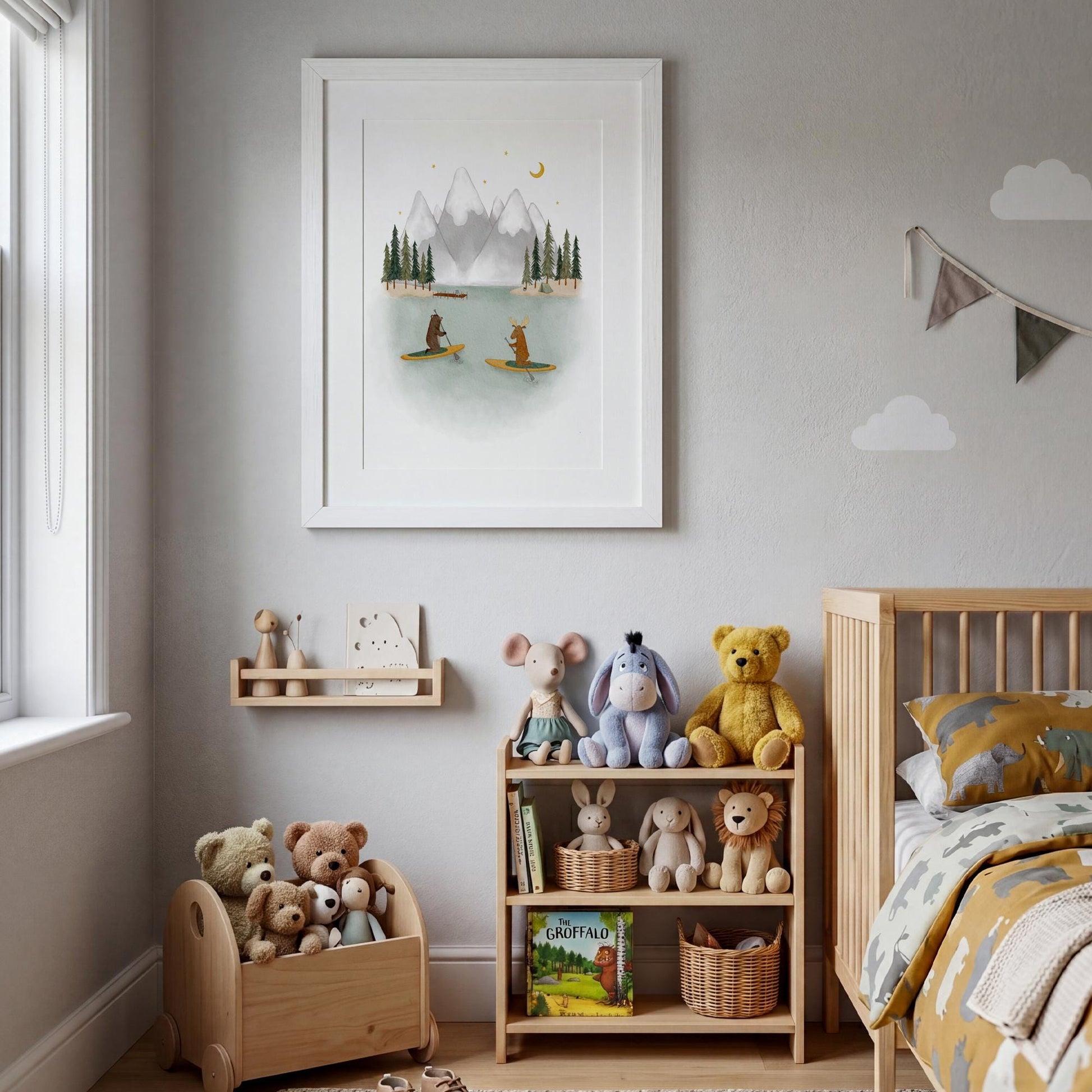 Animal friends paddling poster for children's room — gentle watercolor forest scene with peaceful mountain landscape and sky