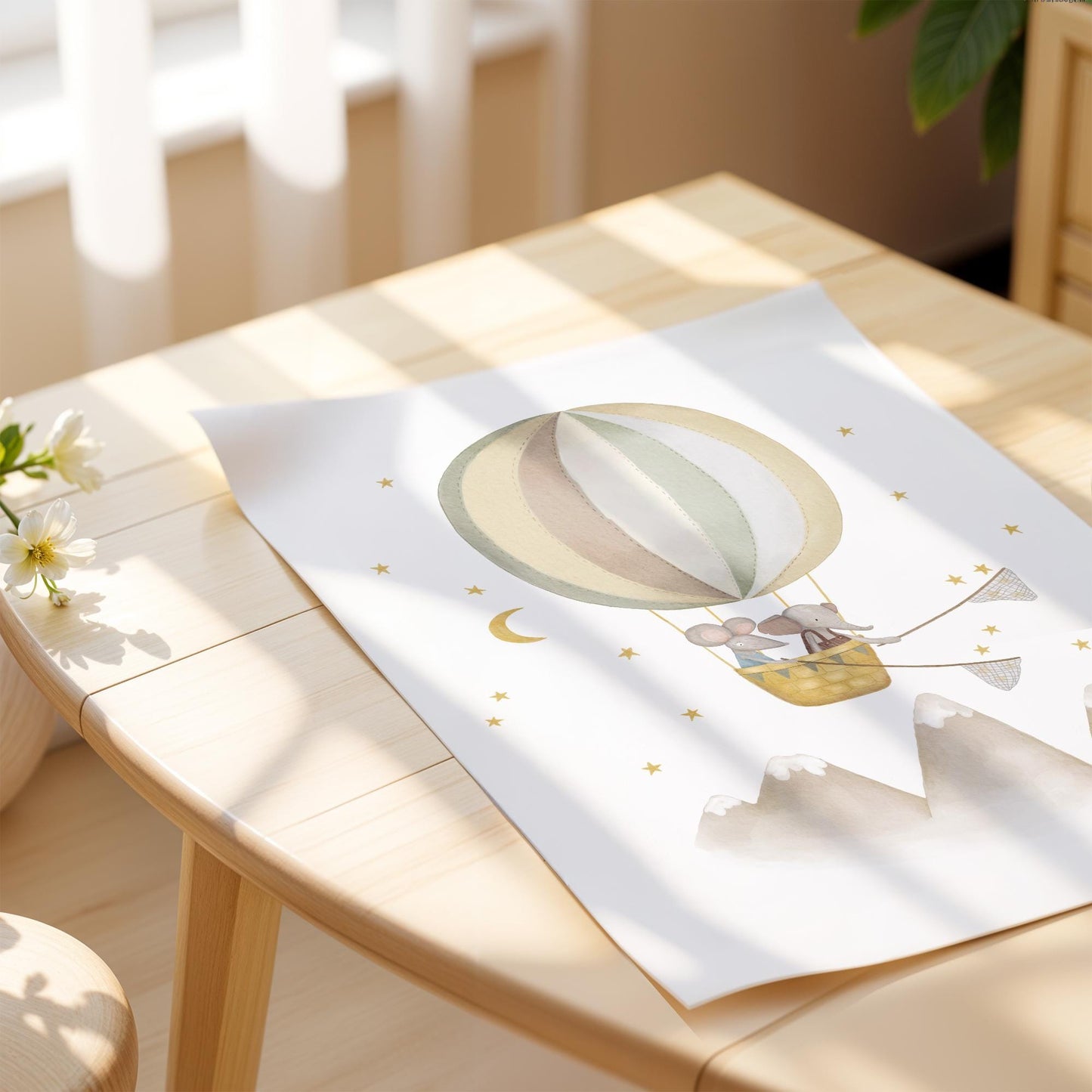 Whimsical animal in hot air balloon picture for kids room — sweet neutral nursery design with gold accents and clouds