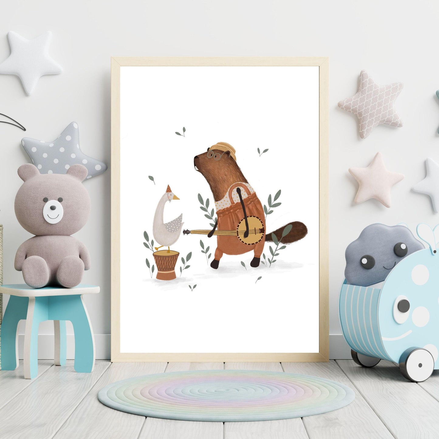 Whimsical Kids Wall Art - Beaver and Goose Musical Animal Poster for Nursery