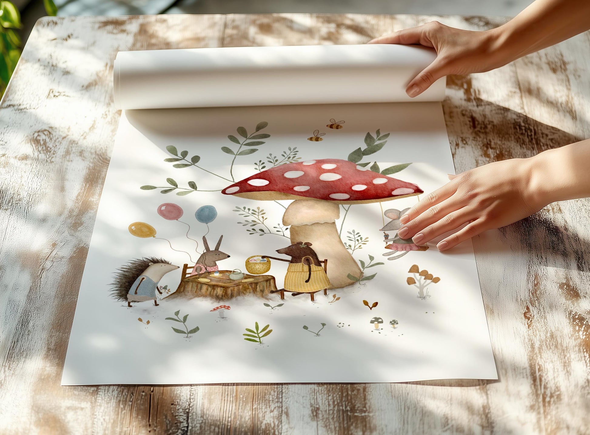 Cottagecore animal tea party wall print for nursery — delicate woodland scene with bees, balloons, and gentle garden aesthetic