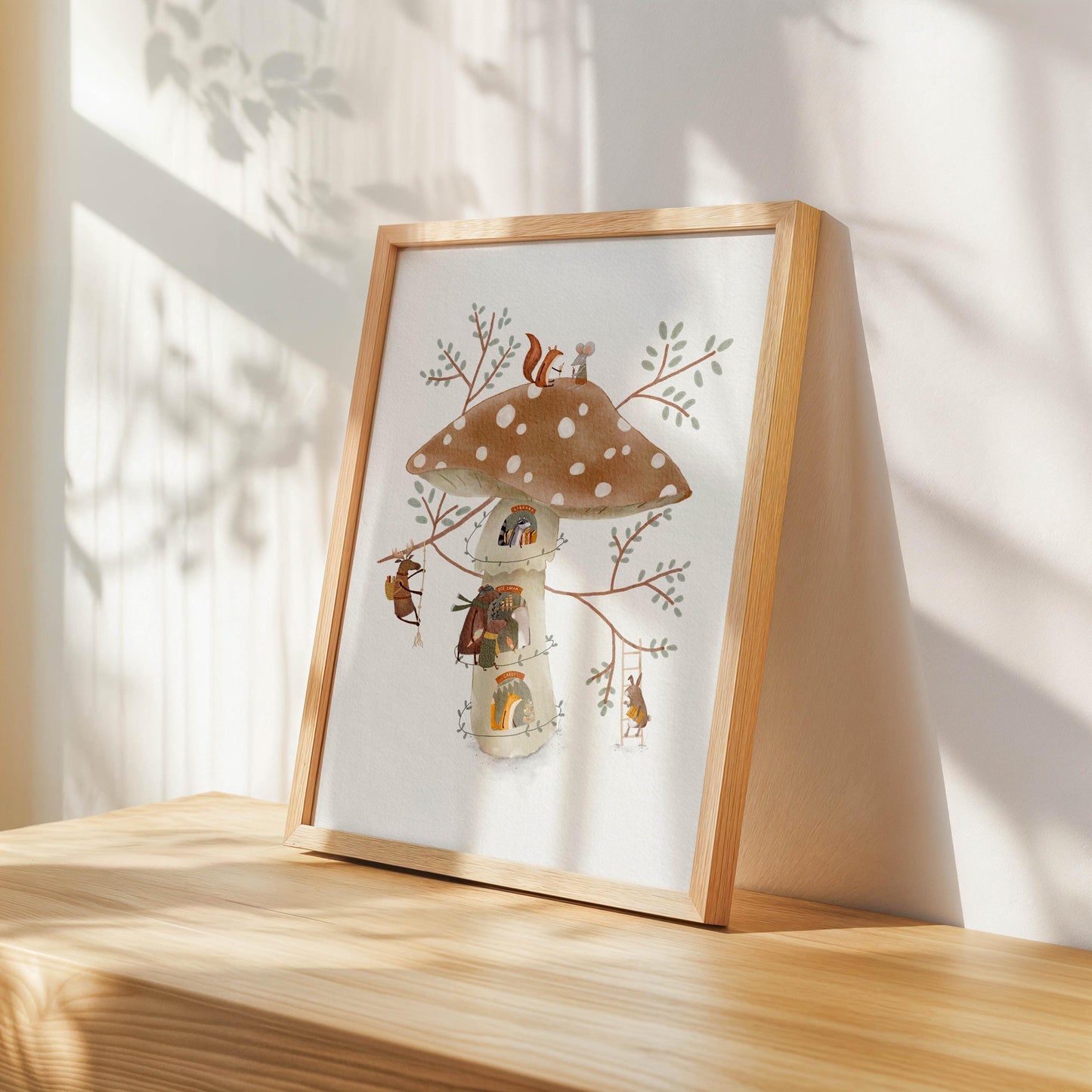 Woodland Mushroom Art – Magical Toadstool Print With Cozy Shops For Kids Nursery