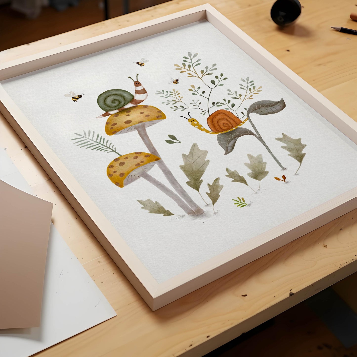 Snail Mushroom Art Print – Woodland Nursery Decor | Whimsical Kids Wall Art